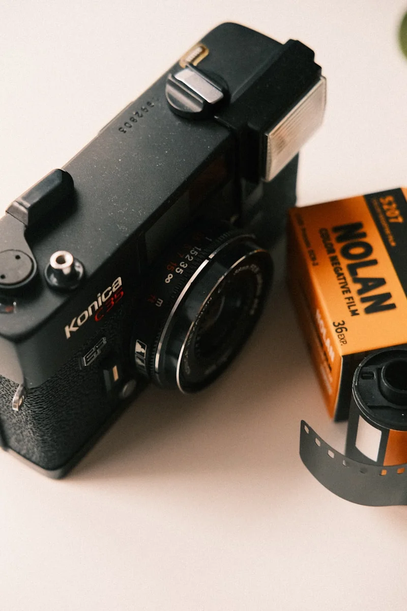 Vintage film camera with film roll